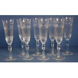 Eight Stuart crystal cut glass champagne flutes