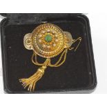 Boxed antique gold brooch with emerald & tassels