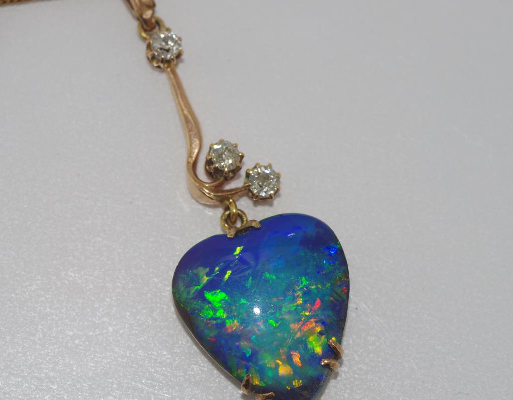 Good opal heart pendant on 9ct gold & diamond bale - Image 2 of 2