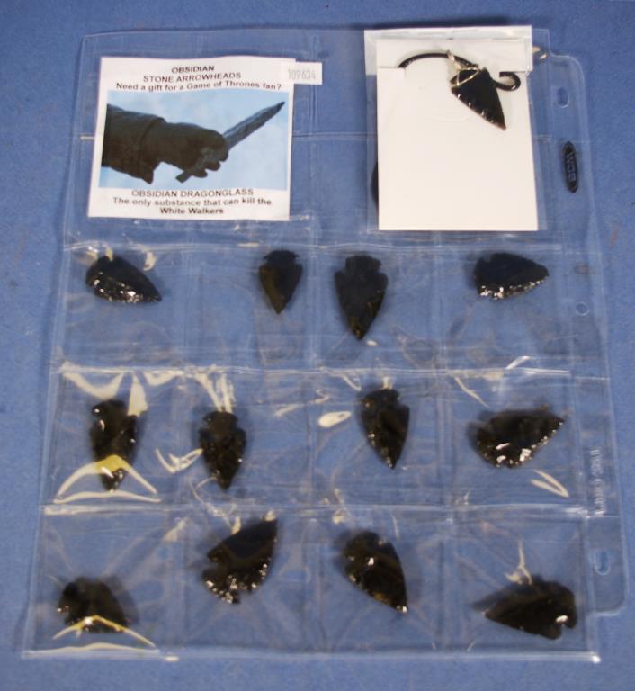 Collection of obsidian stone arrowheads