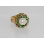 18ct yellow gold, pearl and turquoise ring