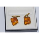 Boxed 9ct gold and amber cufflinks