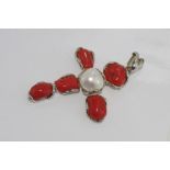 Large silver, Italian red coral & pearl cross