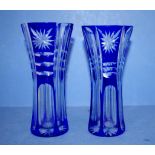 Two Bohemian blue flash cut glass vases