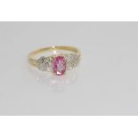 9ct yellow gold, pink gem and diamond ring