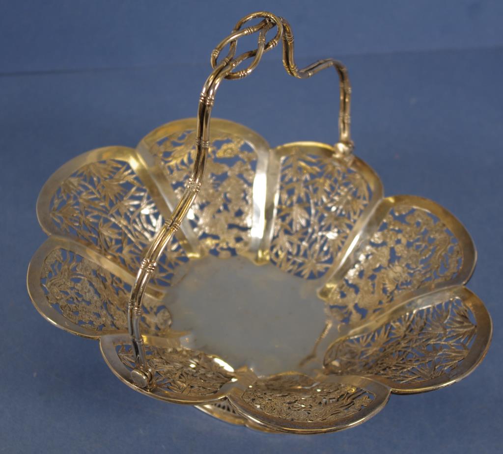 Chinese silver swing handle pierced basket