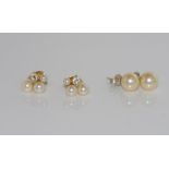 14ct gold, three pearl and diamond studs