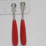 Italian red coral and diamond drop earrings