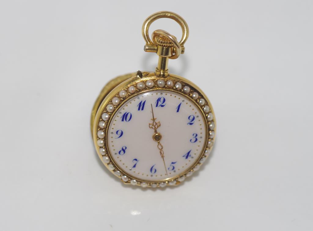 18ct gold, seed pearl and enamel fob watch