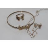 Silver bow bracelet, necklace and ring set