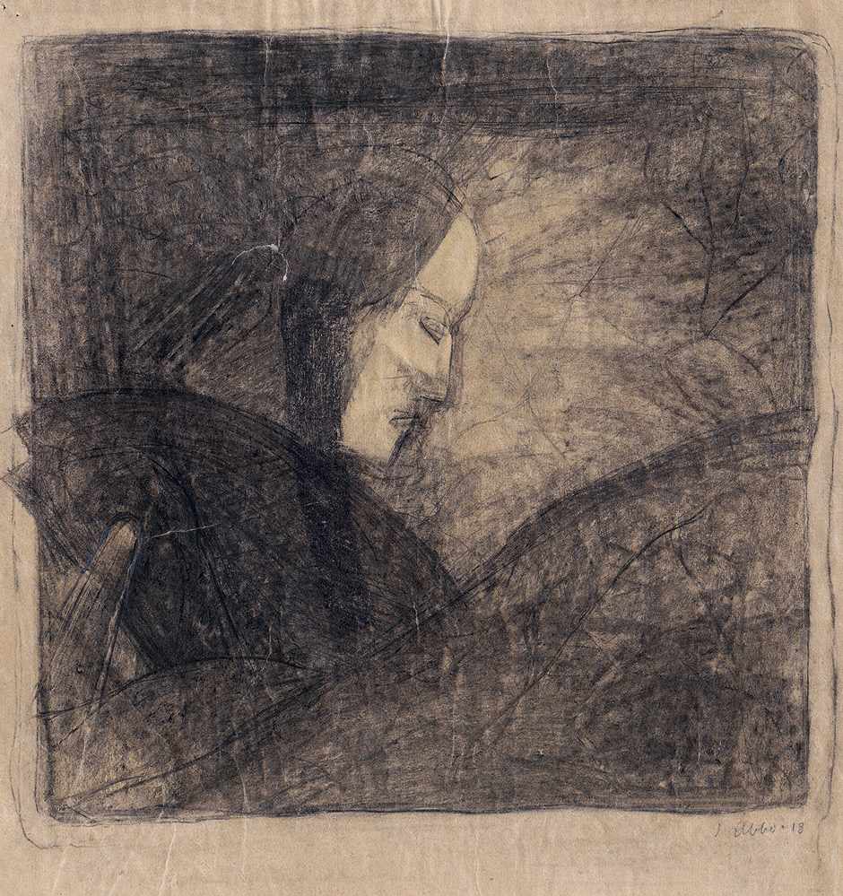 Abbo, Jussuf: Porträt einer Frau im Profil sitzend Porträt einer Frau im Profil, sitzend Kohle auf