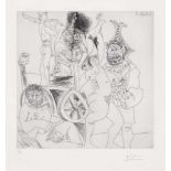 Picasso, Pablo: Halte de Comédiens ambulants, avec Hibou et Bouffon enlacant une Femme Halte de