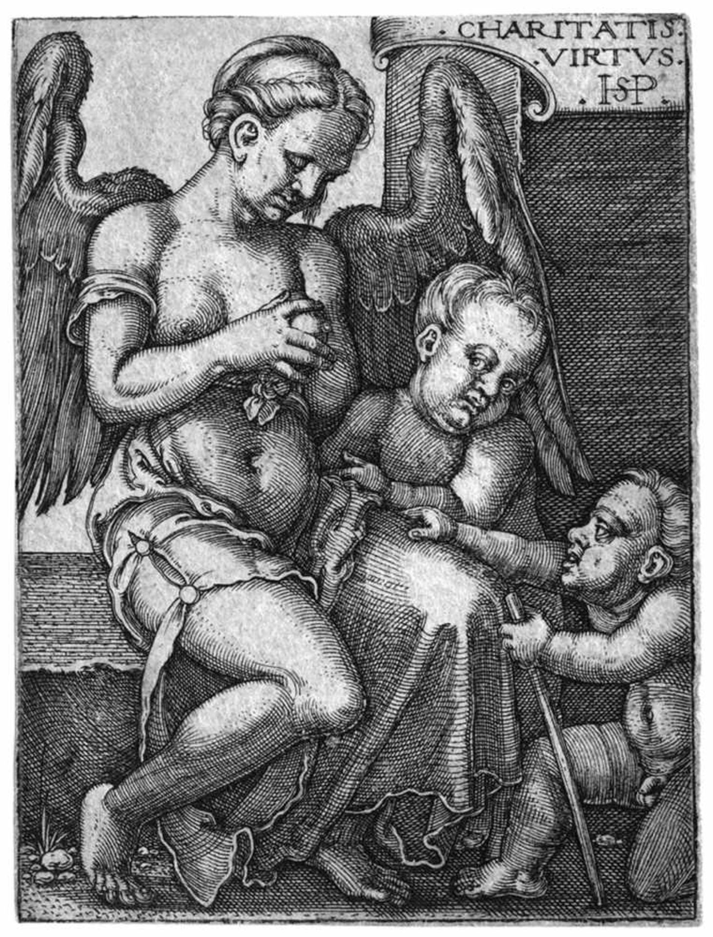 Beham, Hans Sebald: Die Barmherzigkeit Die Barmherzigkeit. Kupferstich. 5,8 x 4,4 cm. B. 137,