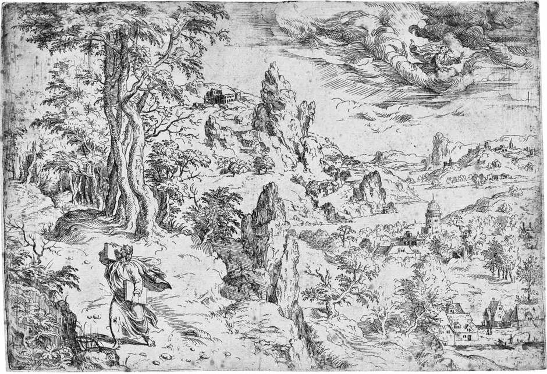 Cock, Hieronymus: Landschaft mit Moses Landschaft mit Moses und den Gesetzestafeln. Radierung. 19,