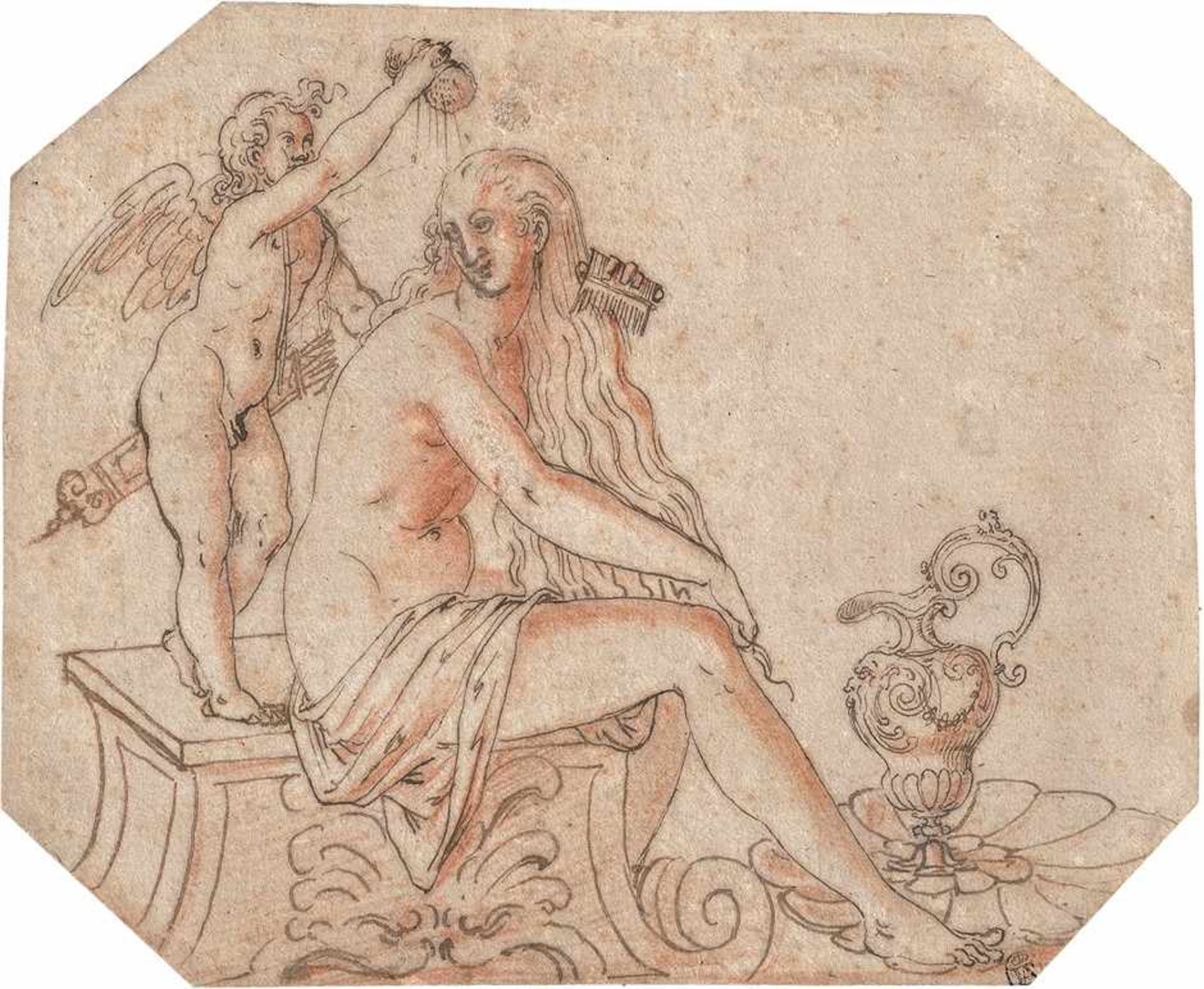 Deutsch: um 1580. Venus im Bade um 1580. Venus im Bade. Feder in Braun und Rötel. 15,3 x 18,5 cm.