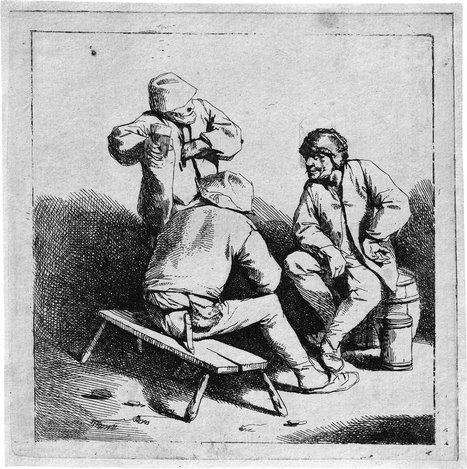 Bega, Cornelis: Die drei Trinker Die drei Trinker. Radierung. 11,3 x 11,3 cm. B. 29, Hollstein 29