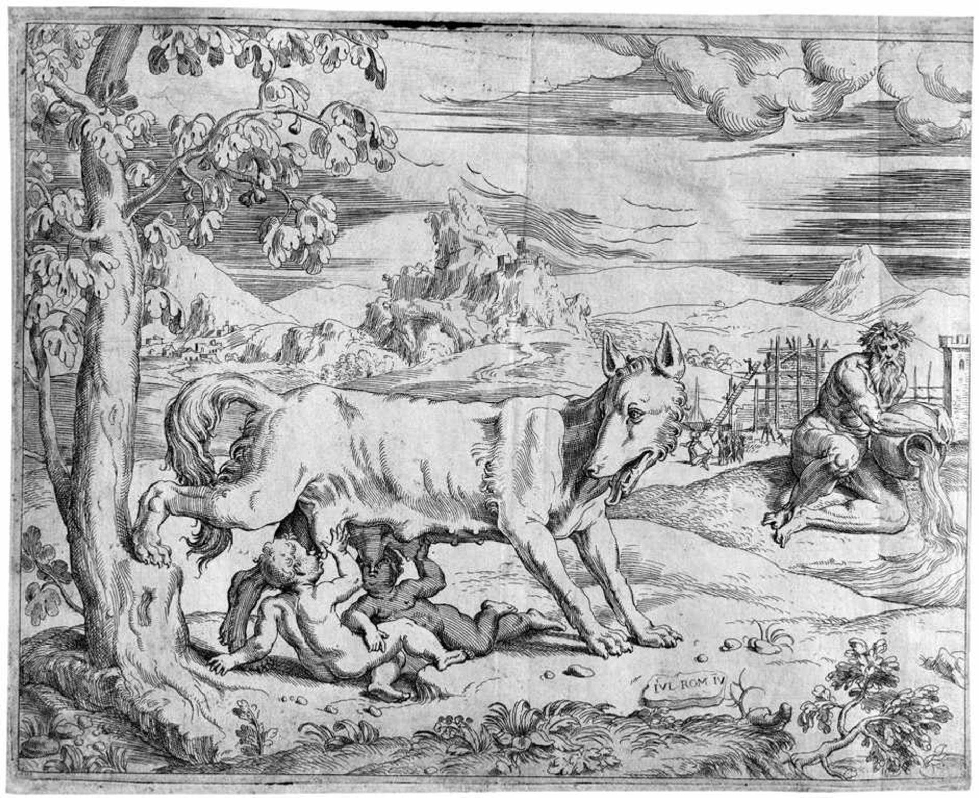 Angolo, Giovanni Battista d': Romulus und Remus Romulus und Remus. Radierung nach Giulio Romano.