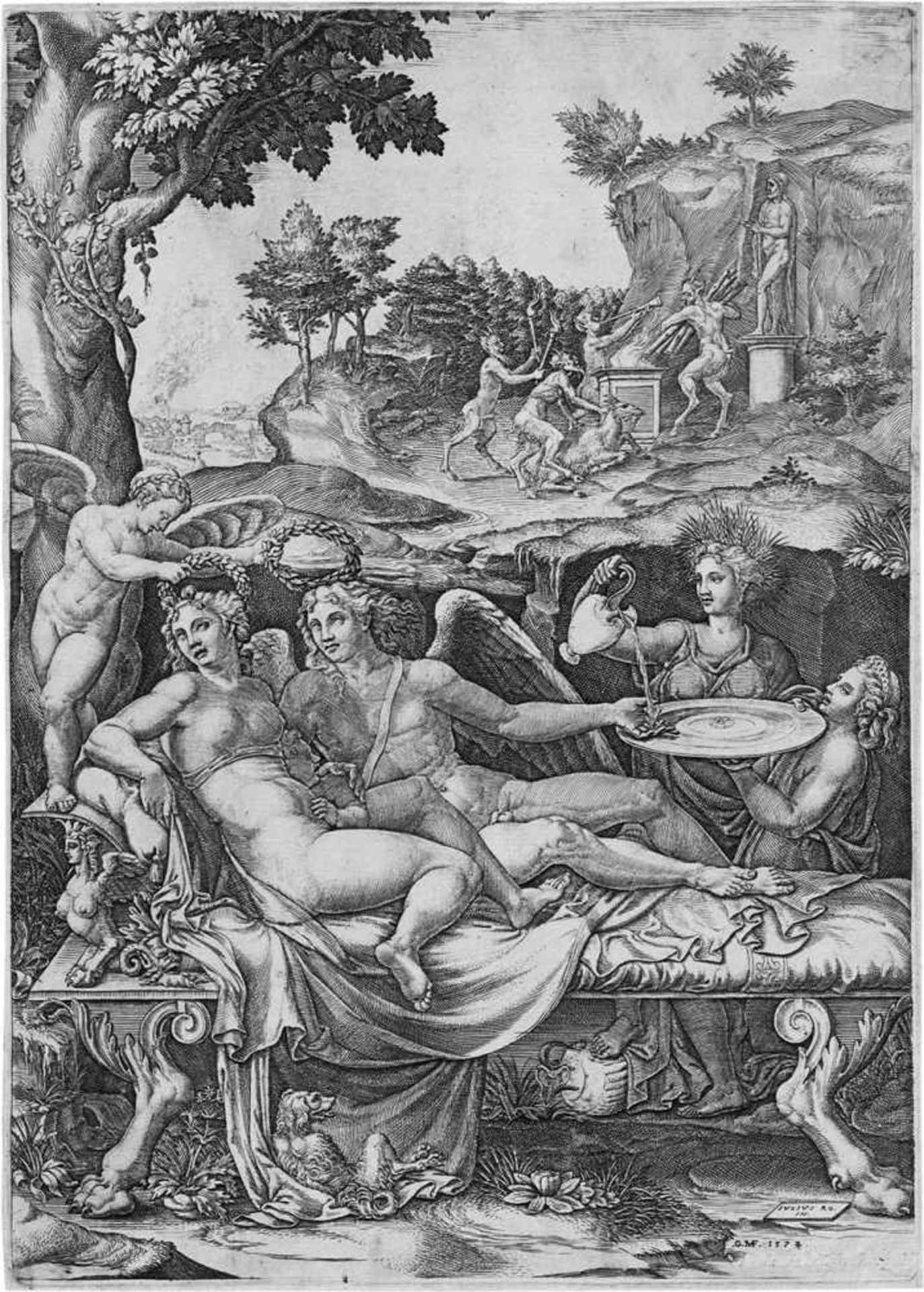 Ghisi, Giorgio: Cupido und Psyche Cupido und Psyche. Kupferstich nach Giulio Romano. 32,5 x 23,3 cm.