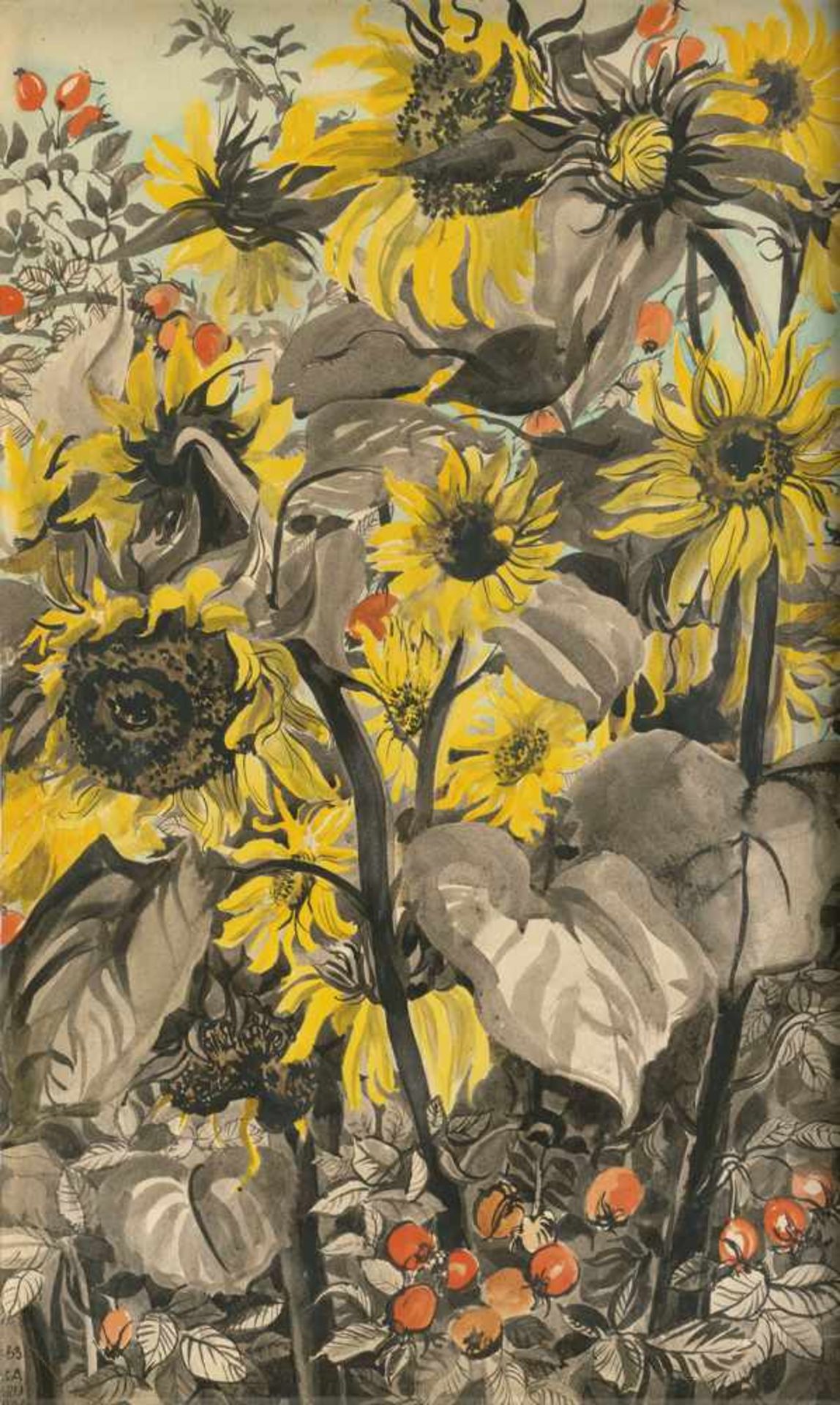 Grundig, Lea: Sonnenblumen und Hagebutten Sonnenblumen und Hagebutten Aquarell und Pinsel in Schwarz