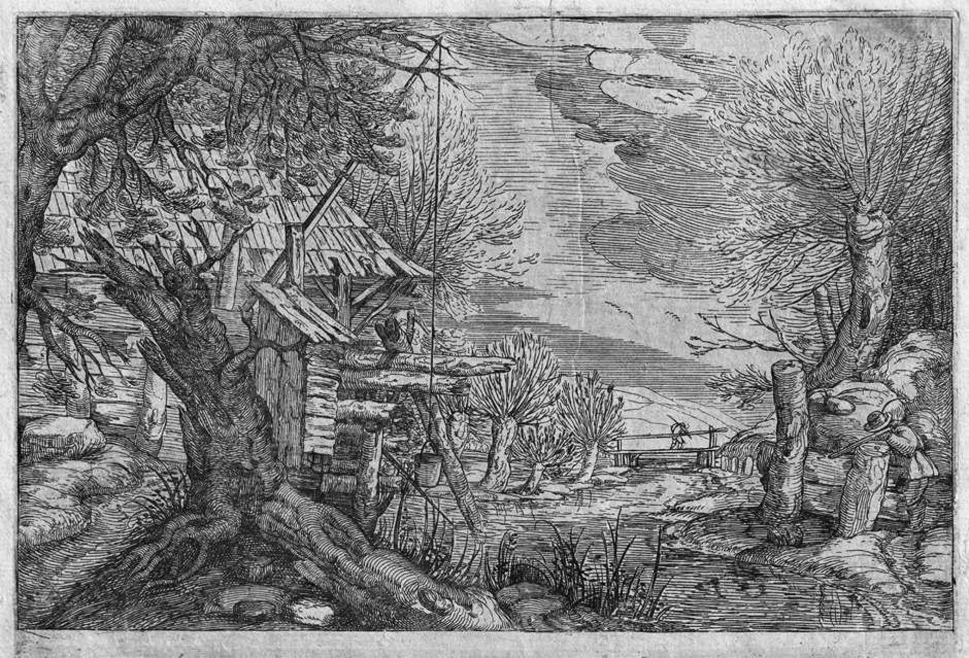 Niederländisch: um 1620. Landschaft mit Bauernhaus an einem Fluss mit Jägern um 1620. Landschaft mit