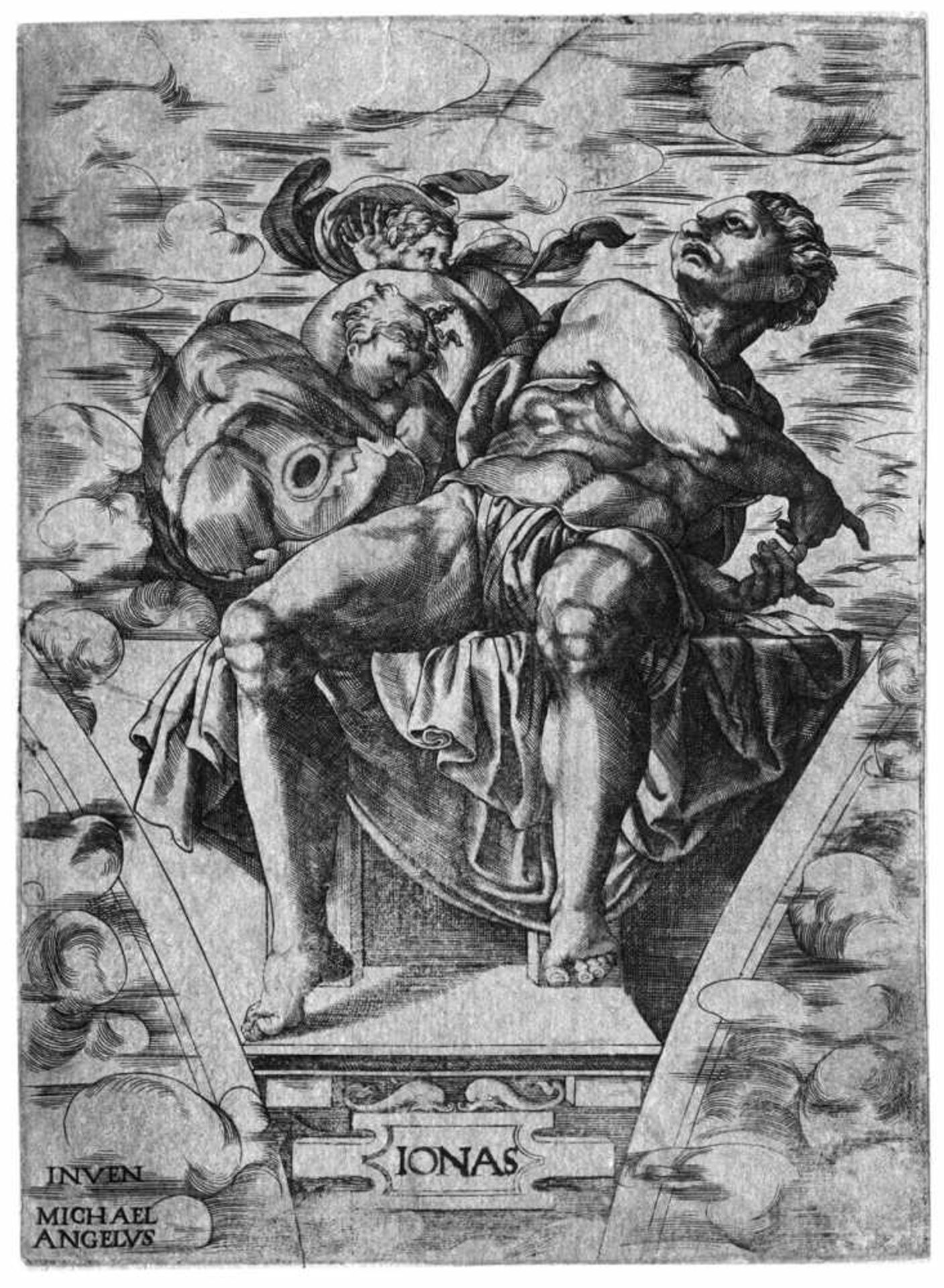 Italienisch: um 1540. Der Prophet Jonas um 1540. Der Prophet Jonas. Kupferstich nach Michelangelo.