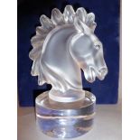 Glass sand blasted horse bust on circular clear glass plinth. H 17cm w 12cm.