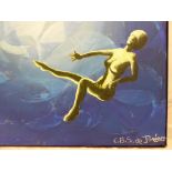 Oil on canvas surrealist painting by C. B. S. de Jimenez. A woman floating in liquid with a sea