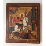 An C18th/early C19th Russian Icon panel depicting Saint George slaying a red winged dragon underfoot