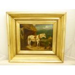 A19th century oil on board painting. A horse in harness to a hay wagon, with a boy playing with a