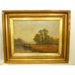 A 19th century oil on canvas painting Country scene with barges on a river. In gilt frame. H 40cm