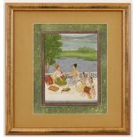 A C19th Indian miniature of two semi nude Maidens with musicians beside on balcony by lake in