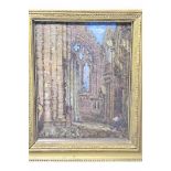 An oil on board of cathedral interior scene in thick gilt frame 19.5cm x 20.5cm