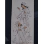 a C19th Persian ink and wash study on ivory of loving couple, with Maiden holding vessel above