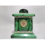 An early C20th malachite temple formed table clock H15.5cm W12cm