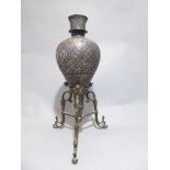 A C19th bulbous Bidri hookah vase on stand, with allover repeating foliate inlays, the flared top