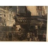 A large signed Frank Brandwyn etching of Cannon street station exterior With plate destroyed label