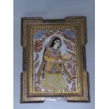 A late C19th e C20th Qajar painting on mirror, of maiden offering food, with foliate detailing