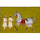 An early C19th Indian miniature depicting a ceremonial dressed horse and two grooms India,