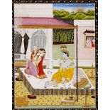 A C19th Indian miniature painting depicting Lord Krishna and Radha in a palace terrace with jewels