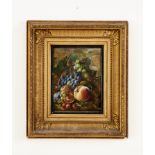 A C19th oil on board of still life of fruit with grapes, strawberries, peaches and apples in heavy