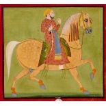A C19th Indian miniature of equestrian portrait of a Thakur on horseback with dotted steed and