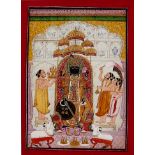 A rare C19th Indian miniature depicting a temple scene, Shrinathji Rajasthan, possibly Nathadwara or