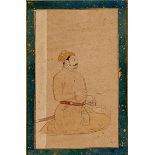 An C18th Indian miniature painting depicting a seated nobleman holding dagger and sword in pensive