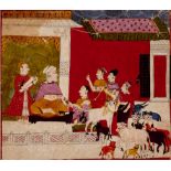 An C18th Indian miniature depicting a Thakur offering holy cows to Brahmins on Lord Krishna birthday