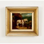 A19th century oil on board painting. A horse in harness to a hay wagon, with a boy playing with a