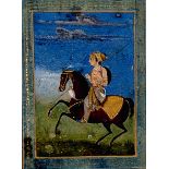 A C19th Indian miniature depicting a nobleman on horseback riding through fields, holding bow and