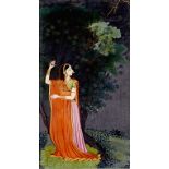 A C19th Indian miniature depicting Utka Nayika Pahari, possibly Kangra in a night scene looking