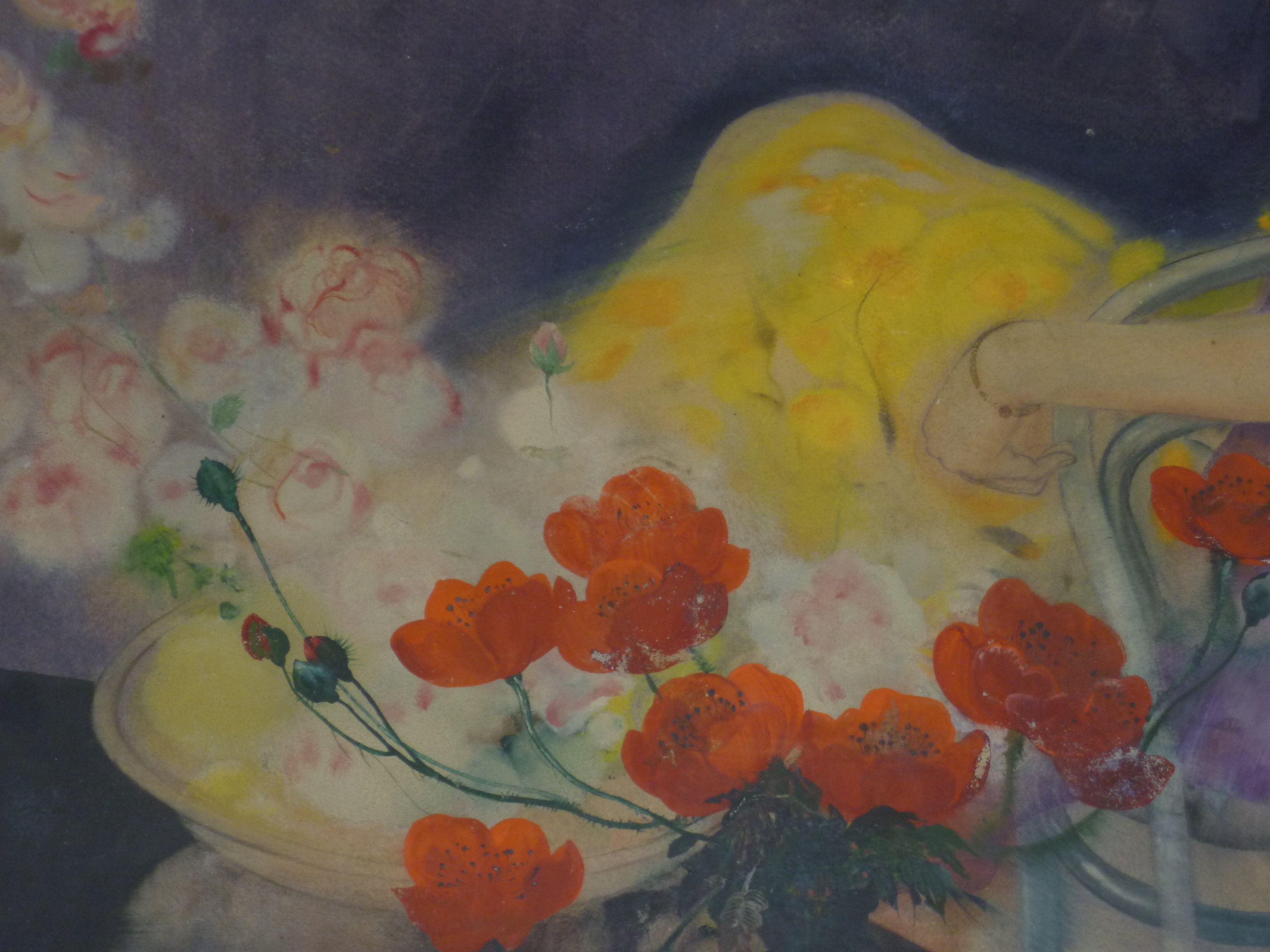 An Art Nouveau original artwork watercolour of beautiful maiden reclining in yellow dress, - Image 4 of 5