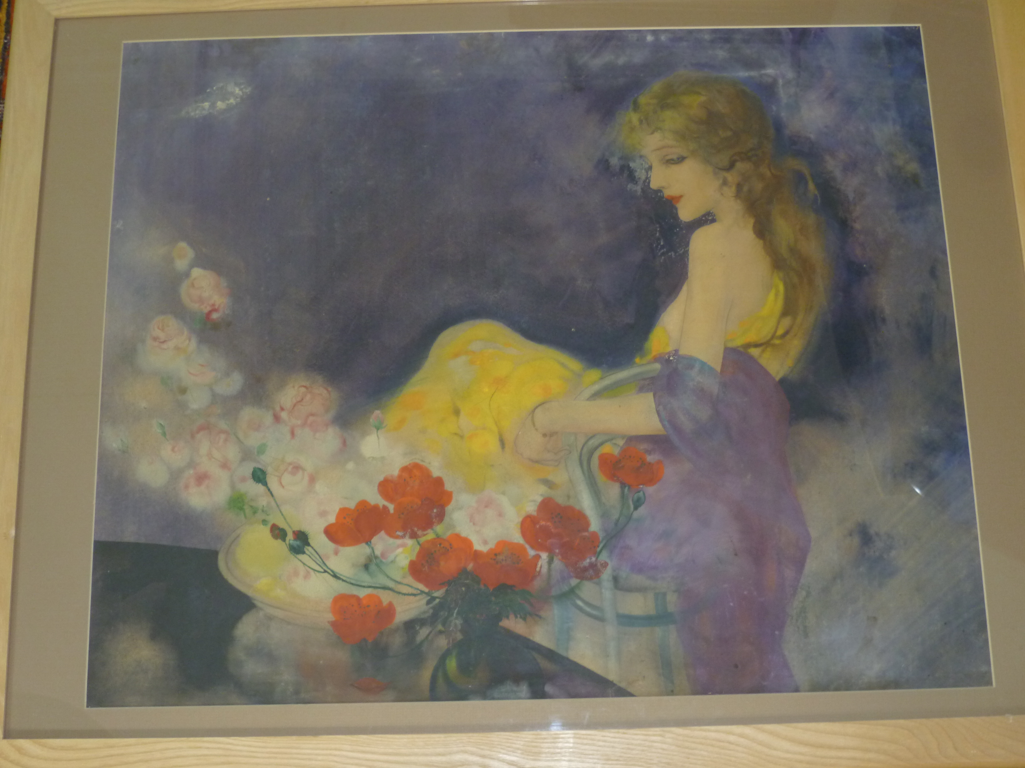 An Art Nouveau original artwork watercolour of beautiful maiden reclining in yellow dress, - Image 2 of 5