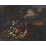 A pair of C17th/C18th oil on canvas of huntsman with hunting dogs and game by Adriaen De Gryef